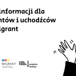Na obrazku znajduje się nazwa wydarzenia cyklicznego, czyli "Punkt informacji dla migrantów i uchodźców WroMigrant". Na górze umieszczony został rodzaj wydarzenia, czyli bezpłatne szkolenie oraz data i godzina wydarzenia, czyli 6 września, 11:00. W lewym dolnym rogu znajdują się logotypy Wrocławskiego Centrum Rozwoju Społecznego, WroMigranta i Przejścia Dialogu. W prawym dolnym rogu znajduje się napis “сześć! hello! привіт! вітанкі! привет!” W celach dekoracyjnych umieszczone zostały również ilustracje: machająca ręka, gwiazdki i abstrakcyjne kształty geometryczne. Tło grafiki białe, napisy czarne i różowe, ilustracje czarne, różowe, żółte i granatowe.