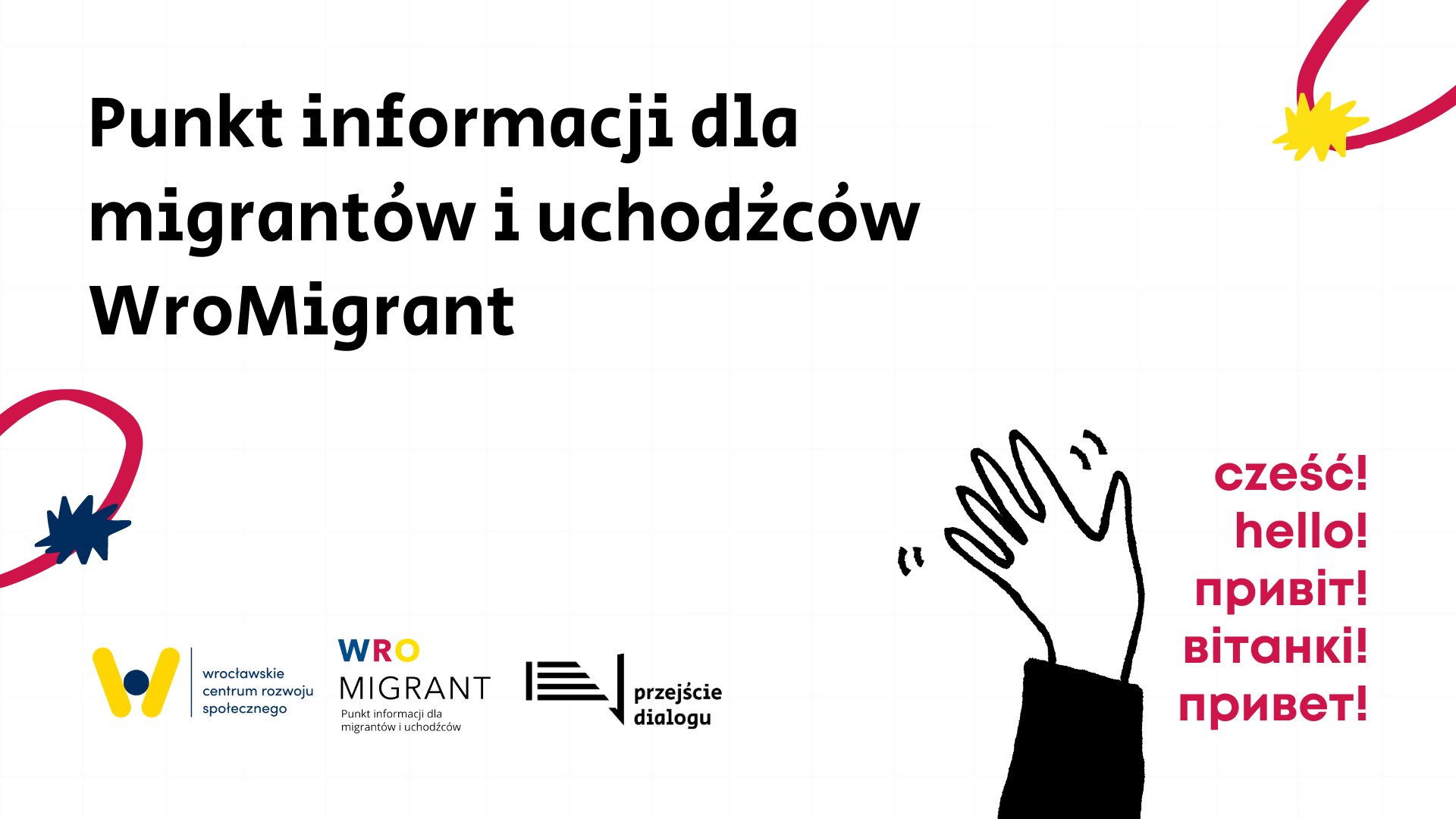 Na obrazku znajduje się nazwa wydarzenia cyklicznego, czyli "Punkt informacji dla migrantów i uchodźców WroMigrant". Na górze umieszczony został rodzaj wydarzenia, czyli bezpłatne szkolenie oraz data i godzina wydarzenia, czyli 6 września, 11:00. W lewym dolnym rogu znajdują się logotypy Wrocławskiego Centrum Rozwoju Społecznego, WroMigranta i Przejścia Dialogu. W prawym dolnym rogu znajduje się napis “сześć! hello! привіт! вітанкі! привет!” W celach dekoracyjnych umieszczone zostały również ilustracje: machająca ręka, gwiazdki i abstrakcyjne kształty geometryczne. Tło grafiki białe, napisy czarne i różowe, ilustracje czarne, różowe, żółte i granatowe.