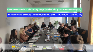 Ludzie siedzą przy stole - spotkanie w ramach podsumowania Wrocławskiej Strategii Dialogu Międzykulturowego