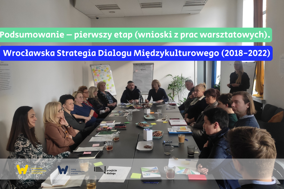 Ludzie siedzą przy stole - spotkanie w ramach podsumowania Wrocławskiej Strategii Dialogu Międzykulturowego