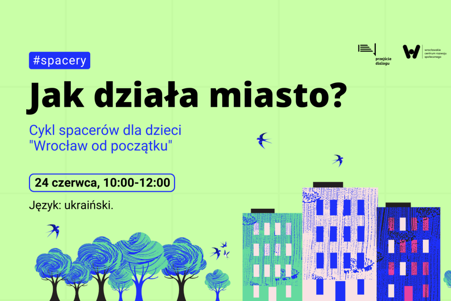 Cykl spacerów dla dzieci w języku ukraińskim "Wrocław od początku", temat "Jak działo miasto?". Na grafice drzewa, ptaki oraz budynki wielokolorowe.