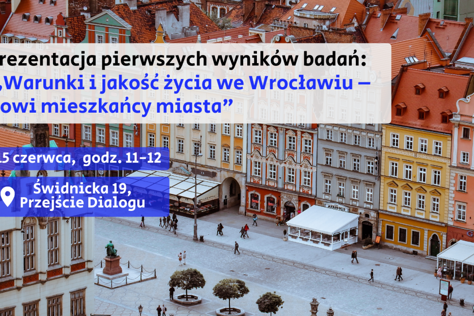 Prezentacja pierwszych wyników badań: „Warunki i jakość życia we Wrocławiu – nowi mieszkańcy miasta". Na grafice jest zdjęcie rynku Wrocławia.