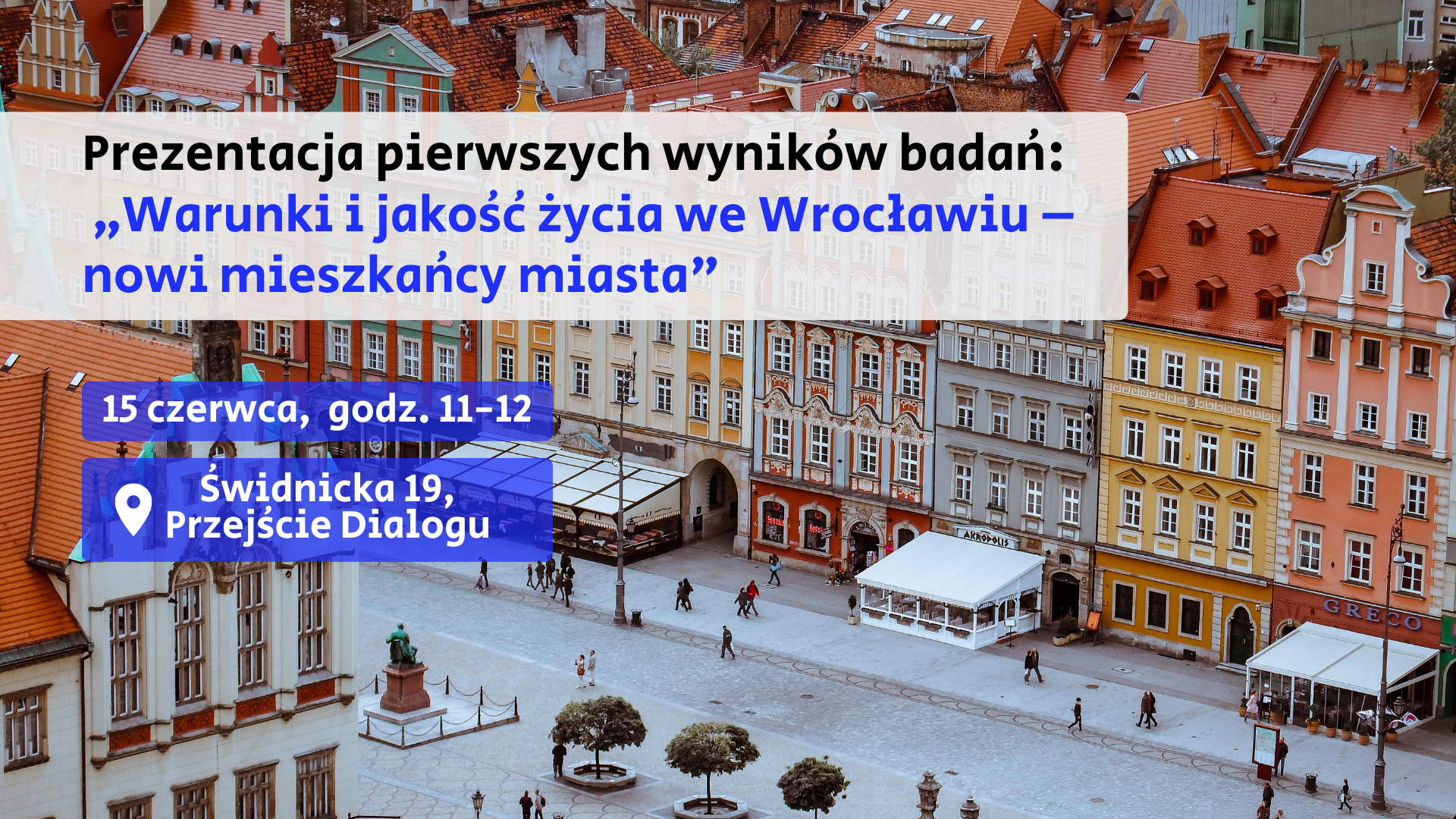 Prezentacja pierwszych wyników badań: „Warunki i jakość życia we Wrocławiu – nowi mieszkańcy miasta". Na grafice jest zdjęcie rynku Wrocławia.