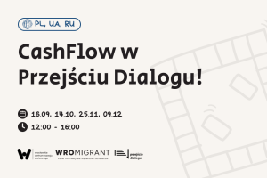 Na obrazku znajduje się nazwa wydarzenia, czyli "CashFlow w Przejściu Dialogu!". Pod nazwą umieszczone zostały ikonki z datą i godzinami wydarzenia, czyli 16.09, 14.10, 25.11, 09.12 o godzinach 12:00-16:00. Na dole znajdują się logotypy Wrocławskiego Centrum Rozwoju Społecznego, WroMigranta i Przejścia Dialogu. W celach dekoracyjnych umieszczona została ilustracja, która w sposób abstrakcyjny pokazuje grę planszową. Tło grafiki jasne, beżowe, napisy czarne i granatowe, kolor ilustracji czarny.
