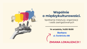 Plakat przedstawia dłoń, na której umieszczone są ważne wrocławskie budowle, a także dymki wskazujące na dialog. Na plakacie napisane jest: Wspólnie o międzykulturowości. Spotkania instytucji, organizacji i osób zaangażowanych. 14 września, 14:00-16:00, Świdnicka 19, Przejście Dialogu (przejście podziemne).