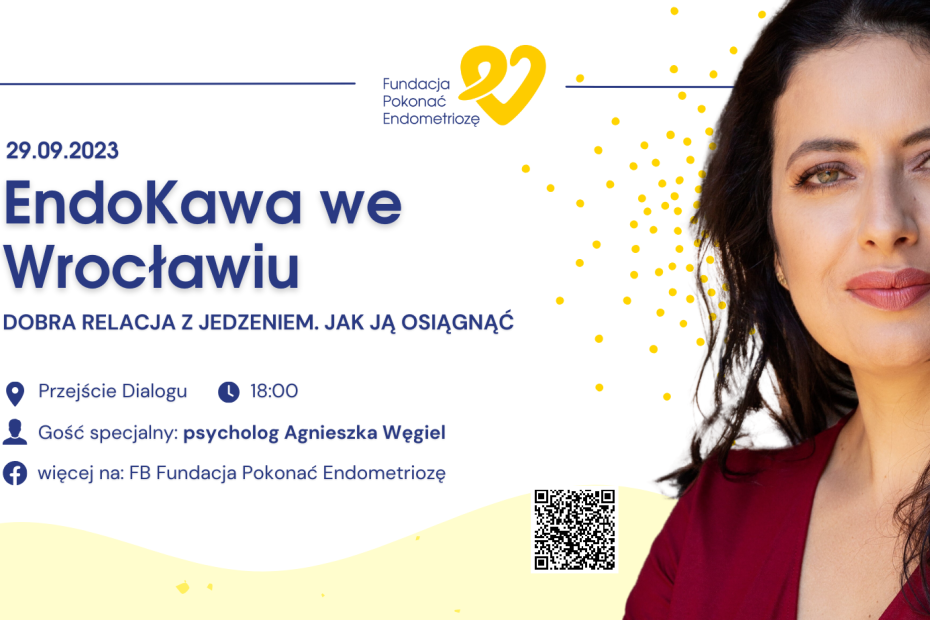 Zaproszenie do spotkania: EndoKawa we Wrocławiu" w Przejściu Dialogu. Zdjęcie prowadzącej warsztat.