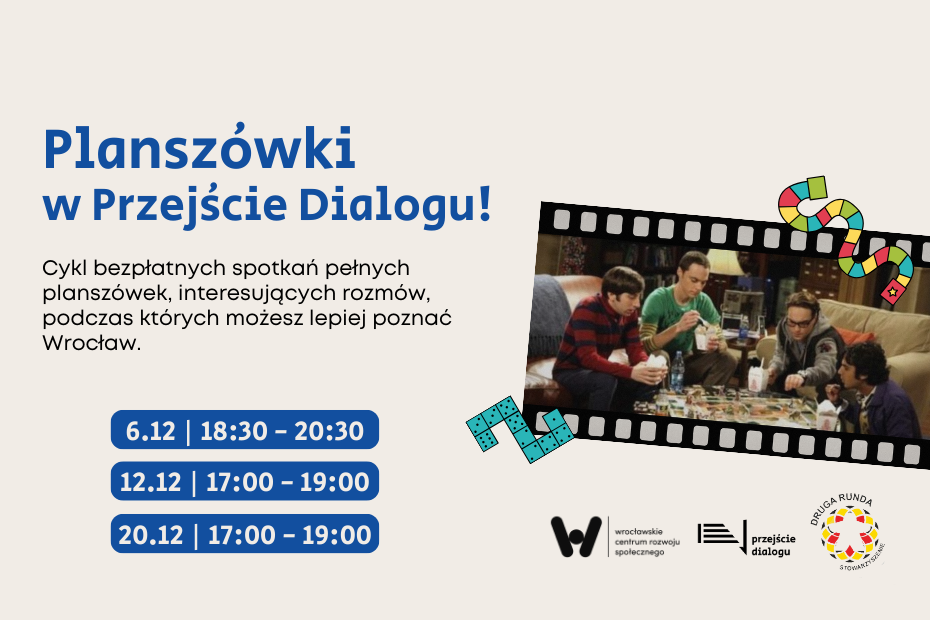 cykl bezpłatnych spotkań pełnych planszówek, interesujących rozmów, podczas których możesz lepiej poznać Wrocław - Planszowki w Przejściu🎰🧩