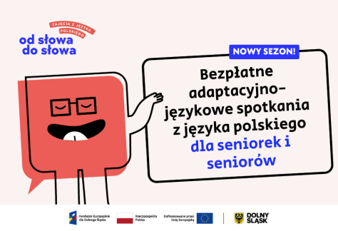 Grafika promująca bezpłatne zajęcia z języka polskiego w Przejściu Dialogu