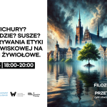 Obraz przedstawiający zalane wodą miasto Wrocław z drzewem w centrum.