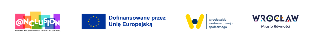 cztery loga: projektu inclusion, dofinansowano przez UE z flagą europejską, WCRS i Wrocław miasto równości.