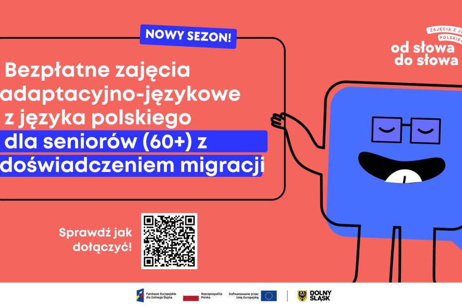 grafika przedstawiająca plakat informujący o zajęciach z języka polskiego dla seniorów z doświadczeniem migracji