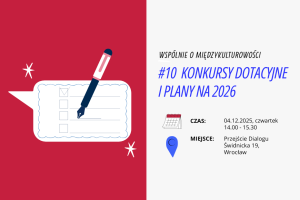 Grafika przedstawia zaproszenie na event Wspólnie o międzykulturowości #10 - Konkursy dotacyjne i plany na 2026 w dn. 4 grudnia. Po lewej stronie zaproszenia jest grafika wektorowa z dymkiem konwersacji, a na niej narysowane elementy oznaczające planowane - linia oraz kwadrat di wypełnienia. Na dymku znajduje się długopis.