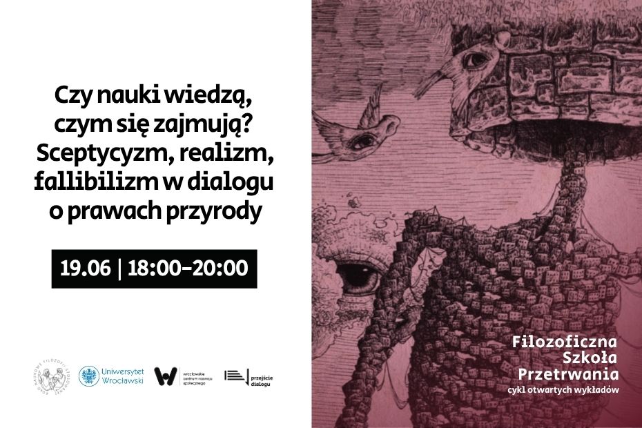 Plakat wydarzenia zapowiadającego wykład filozoficzny w dniu 19 czerwca, z abstrakcyjnym rysunkiem splątanych struktur i ptaków.