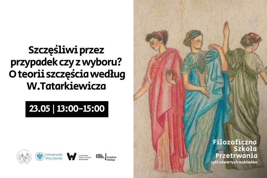 Plakat przedstawia zapowiedź wykładu filozoficznego w języku polskim w dniu 23 maja, obok klasycznego obrazu trzech kobiet w strojach starożytnych. U dołu umieszczono logotypy różnych instytucji.