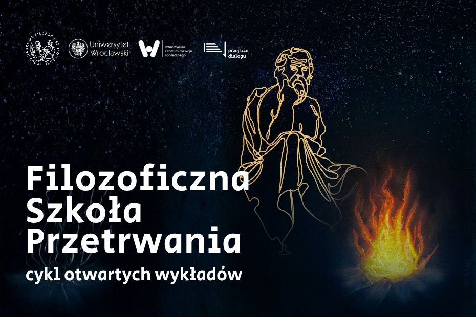 Ciemne, kosmiczne tło ze szkicem postaci kontemplującej przy ognisku.