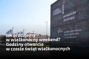 Plakat z napisem ‚Jak pracujemy w wielkanocny weekend? Godziny otwarcia w czasie świąt wielkanocnych’ na tle zdjęcia betonowej ściany z logotypem i informacjami o przestrzeni Przejścia Dialogu.