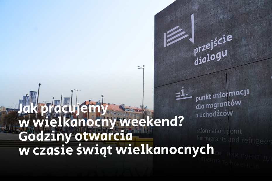 Plakat z napisem ‚Jak pracujemy w wielkanocny weekend? Godziny otwarcia w czasie świąt wielkanocnych’ na tle zdjęcia betonowej ściany z logotypem i informacjami o przestrzeni Przejścia Dialogu.