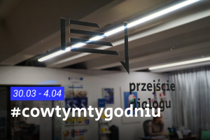 Plakat przedstawia tekst "cowtymygodniu" na tle zdjęcie z szyby na przestrzeń Przejścia Dialogu.