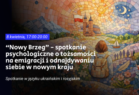 Ilustrowana mozaika przedstawiająca osobę z plecakiem idącą w kierunku budynku z polską flagą, na tle słońca i księżyca, obok znajduje się tekst wydarzenia w języku polskim.