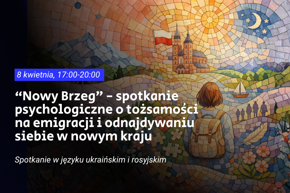 Ilustrowana mozaika przedstawiająca osobę z plecakiem idącą w kierunku budynku z polską flagą, na tle słońca i księżyca, obok znajduje się tekst wydarzenia w języku polskim.
