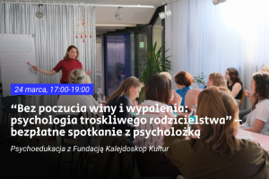 Plakat przedstawia nazwę i datę spotkania na tle zdjęcia kobiety prowadzącej prezentację przed grupą dziewięciu osób.