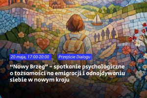 Ilustrowana mozaika przedstawiająca osobę z plecakiem idącą w kierunku budynku z polską flagą, na tle słońca i księżyca, obok znajduje się tekst wydarzenia w języku polskim.
