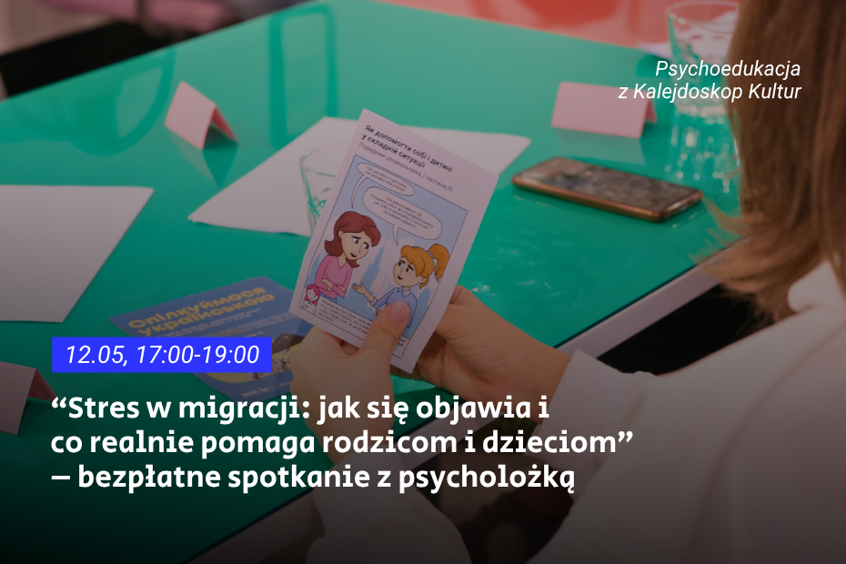 Turkusowy stół, nad którym widać dłonie trzymające broszurę z rysunkowymi postaciami. Tekst zawiera informacje o wydarzeniu psychologicznym.