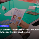 Turkusowy stół, nad którym widać dłonie trzymające broszurę z rysunkowymi postaciami. Tekst zawiera informacje o wydarzeniu psychologicznym.