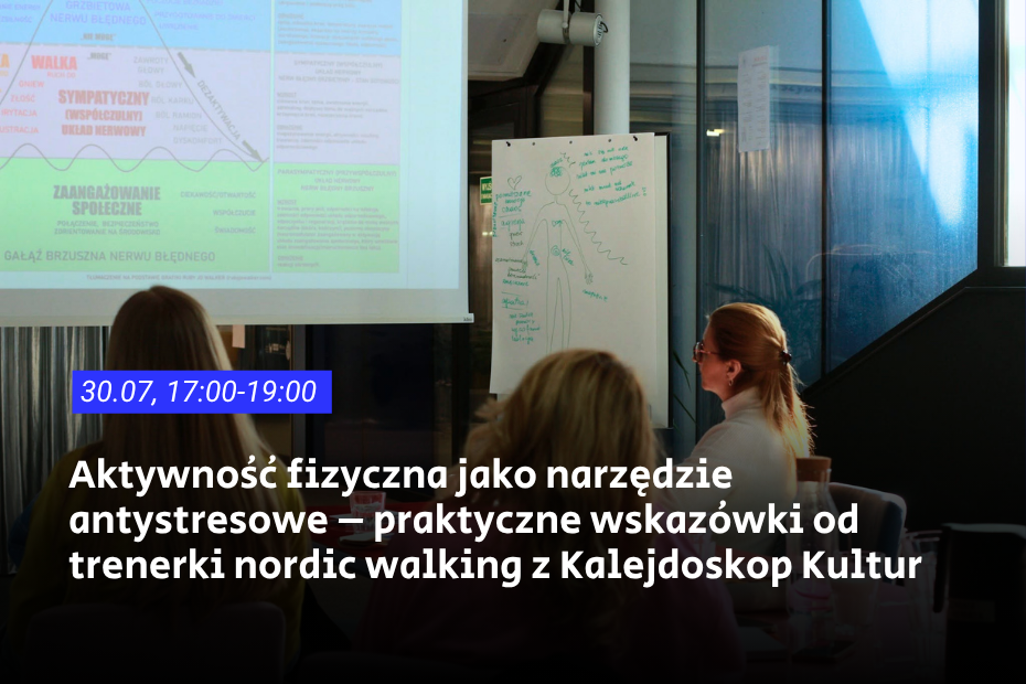 Uczestniczki warsztatów patrzące na ekran i tablicę. Grafika z napisem: „30.07, 17:00-19:00. Aktywność fizyczna jako narzędzie antystresowe – praktyczne wskazówki od trenerki nordic walking z Kalejdoskop Kultur”.