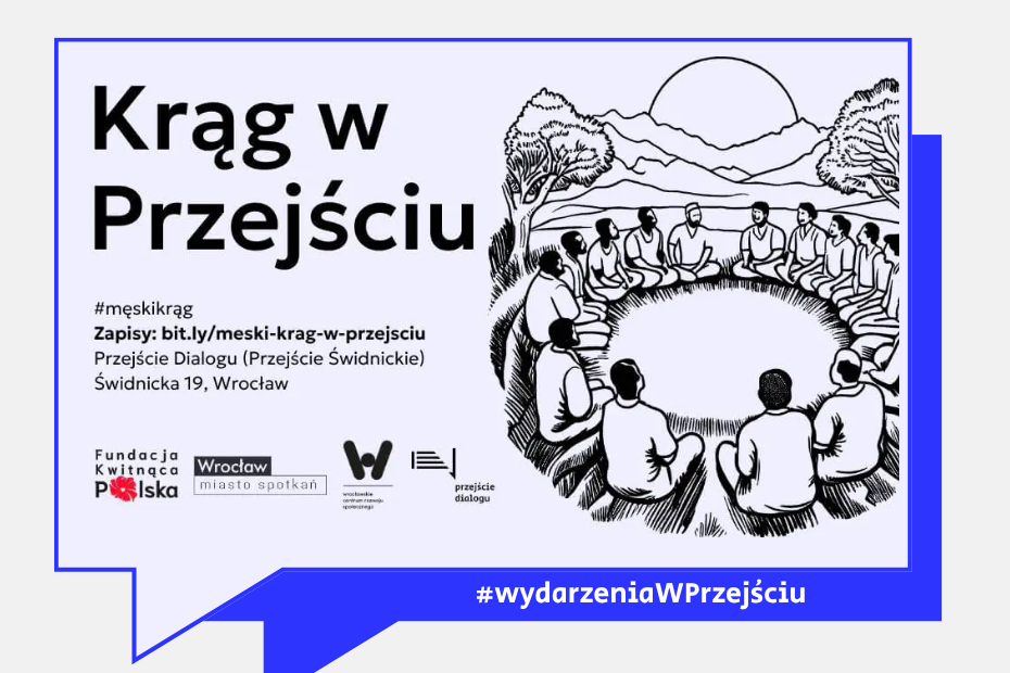 Czarno-biały plakat informacyjny o wydarzeniu „Krąg w Przejściu”. Po lewej stronie znajduje się duży czarny napis z tytułem oraz szczegóły: hashtag #męskikrąg, adres strony do zapisów (bit.ly/meski-krag-w-przejsciu), lokalizacja (Przejście Dialogu, ul. Świdnicka 19, Wrocław) oraz logotypy organizatorów. Po prawej stronie widnieje ilustracja przedstawiająca grupę mężczyzn siedzących w kręgu na zewnątrz, na tle drzew i gór.