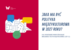 Grafika informacyjna z napisem „Jaka ma być polityka międzykulturowa w 2027 roku? Cykl spotkań wokół priorytetów działań Wrocławskiej Polityki Międzykulturowej (2027–31)”. Po lewej stronie znajduje się logo „dialog międzykulturowy wrocław” oraz ilustracja budynków wpisana w dymki dialogowe.