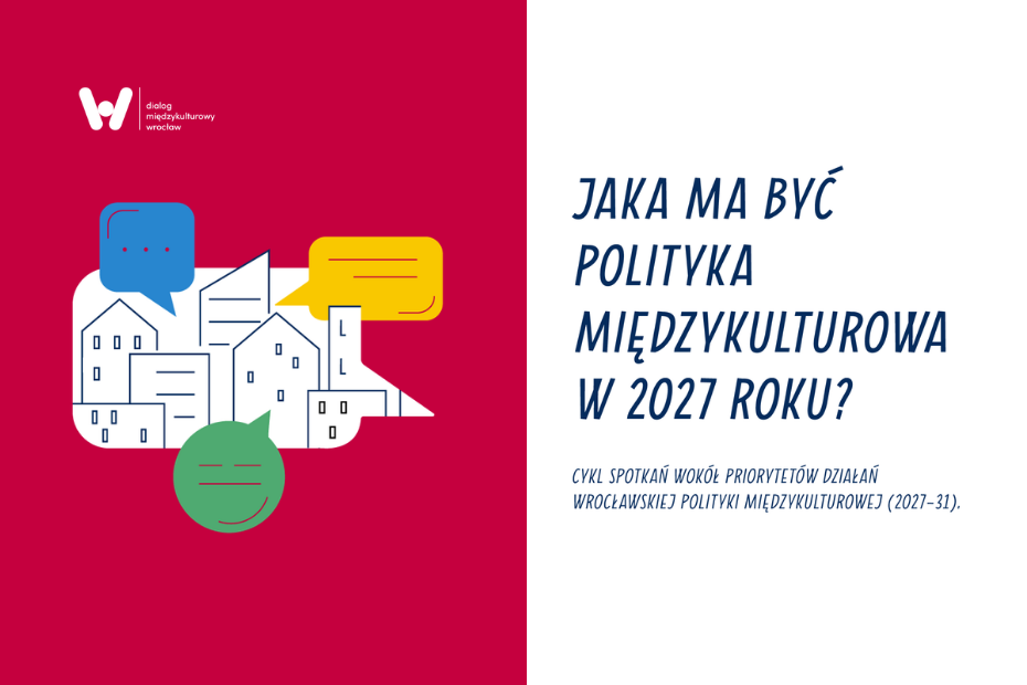Grafika informacyjna z napisem „Jaka ma być polityka międzykulturowa w 2027 roku? Cykl spotkań wokół priorytetów działań Wrocławskiej Polityki Międzykulturowej (2027–31)”. Po lewej stronie znajduje się logo „dialog międzykulturowy wrocław” oraz ilustracja budynków wpisana w dymki dialogowe.